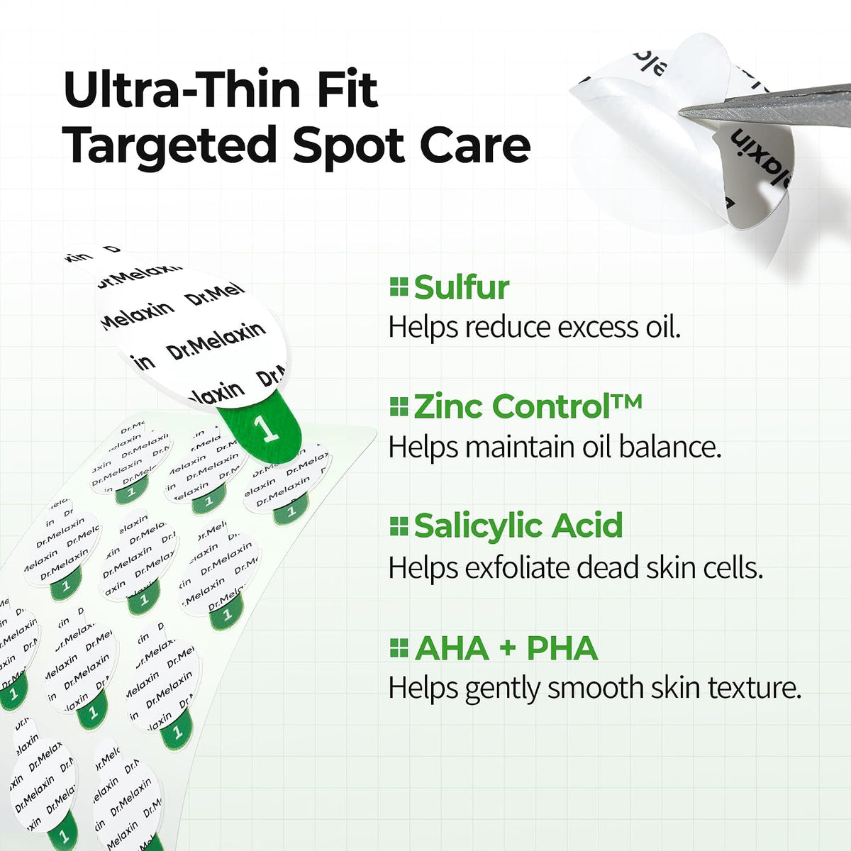 Dr.Melaxin S-ZINC ZERO-FIT Ultra Thin Blemish Spot Patch 0.013mm Invisible Pimple Stickers with Sulfur, Salicylic Acid, AHA & PHA, Seamless Under Makeup Face Cover, 12mm x 72 Patches