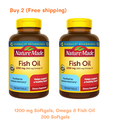Nature  Burp Less Fish Oil Omega 3 Supplements, 1200 mg Softgels, Omega 3 Fish Oil for Healthy Heart Support, 100/200Softgels, 50/100 Day Supply