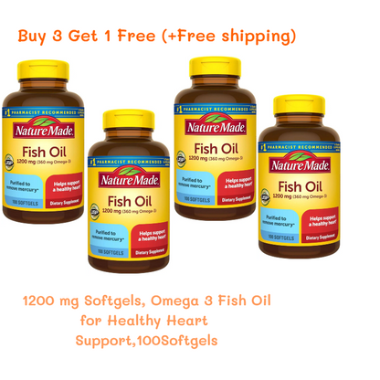Nature  Burp Less Fish Oil Omega 3 Supplements, 1200 mg Softgels, Omega 3 Fish Oil for Healthy Heart Support, 100/200Softgels, 50/100 Day Supply