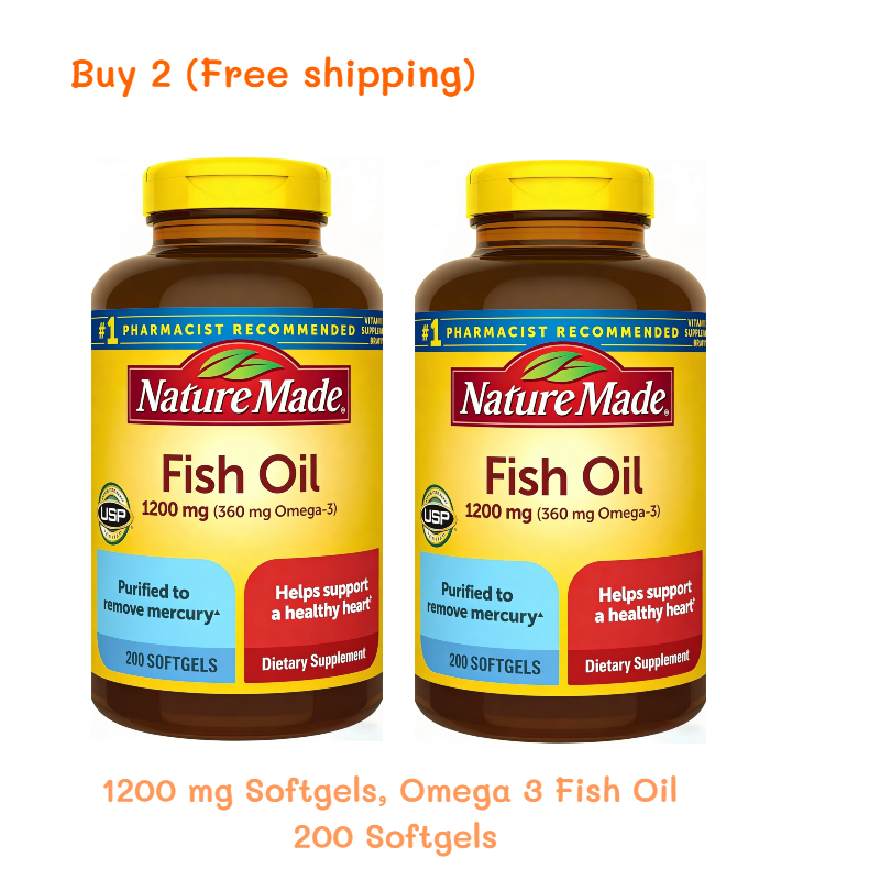 Nature  Burp Less Fish Oil Omega 3 Supplements, 1200 mg Softgels, Omega 3 Fish Oil for Healthy Heart Support, 100/200Softgels, 50/100 Day Supply