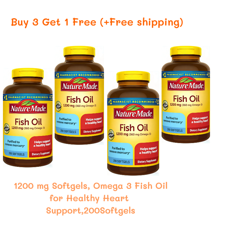 Nature  Burp Less Fish Oil Omega 3 Supplements, 1200 mg Softgels, Omega 3 Fish Oil for Healthy Heart Support, 100/200Softgels, 50/100 Day Supply