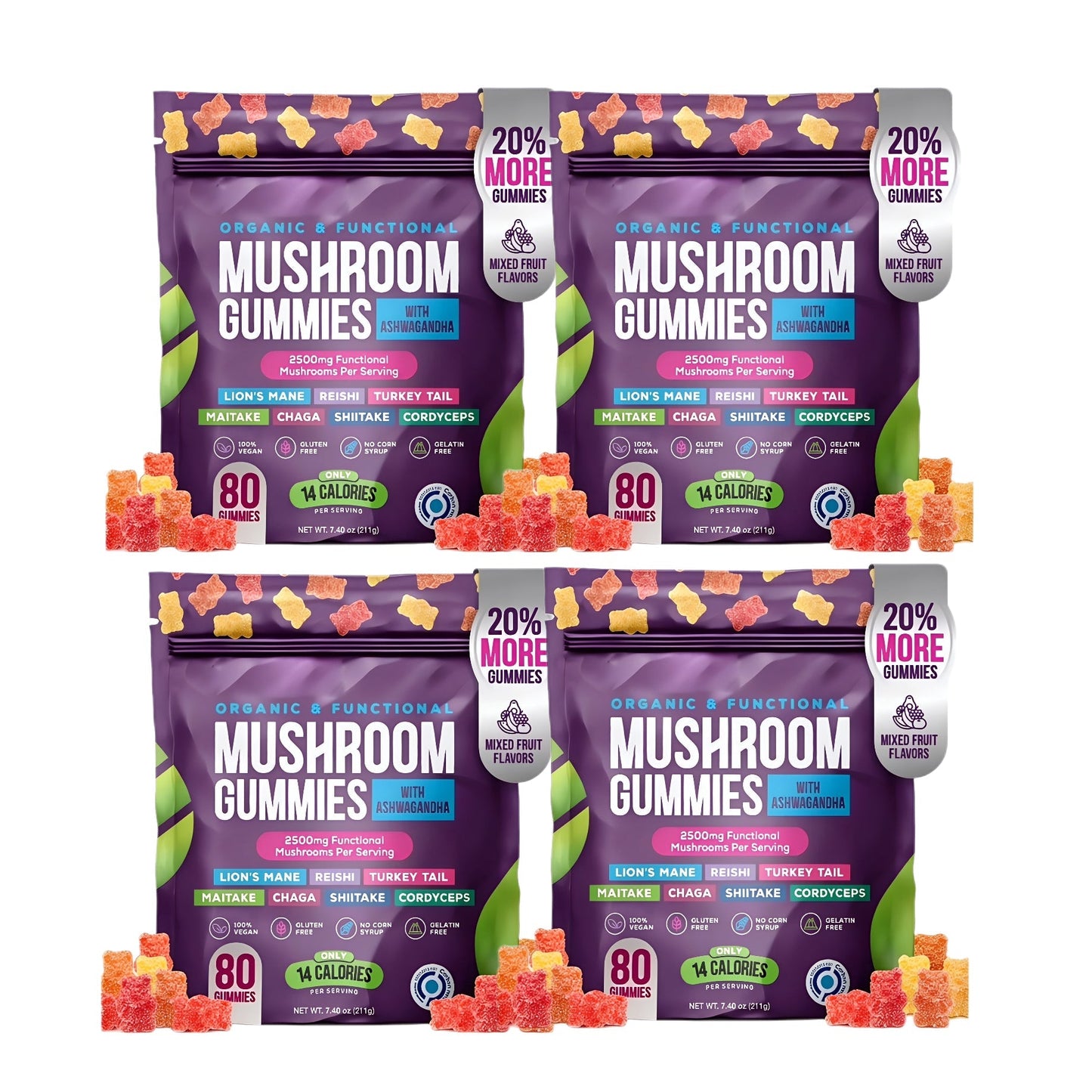 Organic Mushroom Gummies -Lions Mane Mushroom Supplement Gummies- Immune Defense, Boosts Cognitive Performance - 80 Gummies
