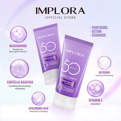 Implora Perfect Shield Bright Boost Sunscreen SPF 50 PA++++ | Sunblock Wajah dengan Niacinamide | Sunscreen Mencerahkan