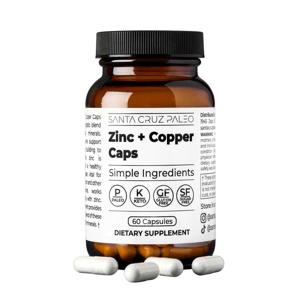 Santa Cruz Paleo, Zinc & Copper Mineral Supplement, High Absorption Formula, Zinc Supplement for Skin & Hair, L Methionine, Copper Gluconate, Trace Minerals, Gluten Free, Keto, Paleo, 60 Capsules