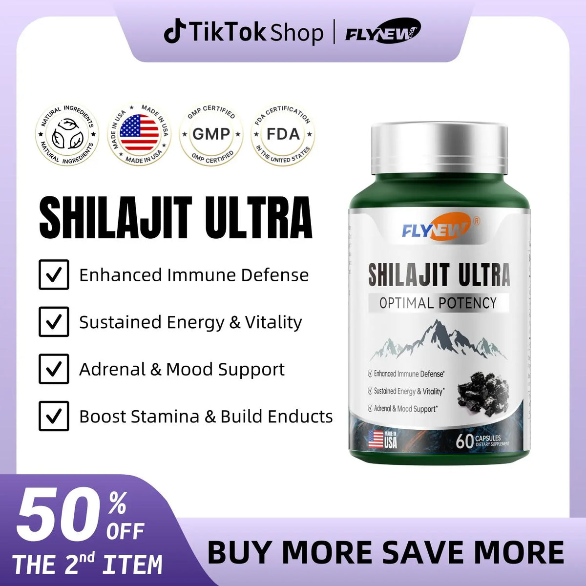 FLYNEW Optimal Potency | Shilajit Ultra | Adaptogen Energy Stamina Immune Antioxidants | Made in USA | 60 Capsules