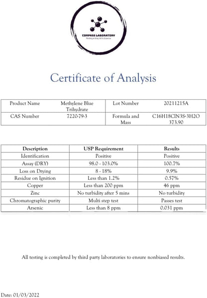 Methylene Blue Pharmaceutical Grade, USP Grade, Third-Party Tested Dietary Supplement for Humans, No Formaldehyde, Made in USA (0.5% 50ml Bottle)-Shop