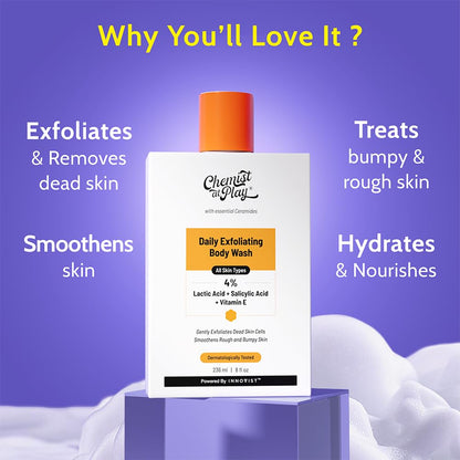 Chemist at Play Body Wash Exfoliating For Dry Rough Bumpy Strawberry Skin With 1% Salicylic Acid 2% Lactic Acid And Ceramides For Men And Women 7.9 Fl oz