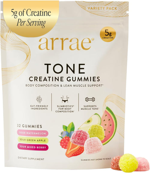 arrae Tone Variety Creatine Gummies | Assorted Sour Flavors (Watermelon, Green Apple, Mixed Berry)| Gut-Friendly Formula for Energy, Cognitive Health, Post-Workout Recovery