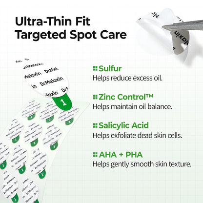 Dr.Melaxin S-ZINC ZERO-FIT Ultra Thin Blemish Spot Patch 0.013mm Invisible Pimple Stickers with Sulfur, Salicylic Acid, AHA & PHA, Seamless Under Makeup Face Cover, 12mm x 72 Patches