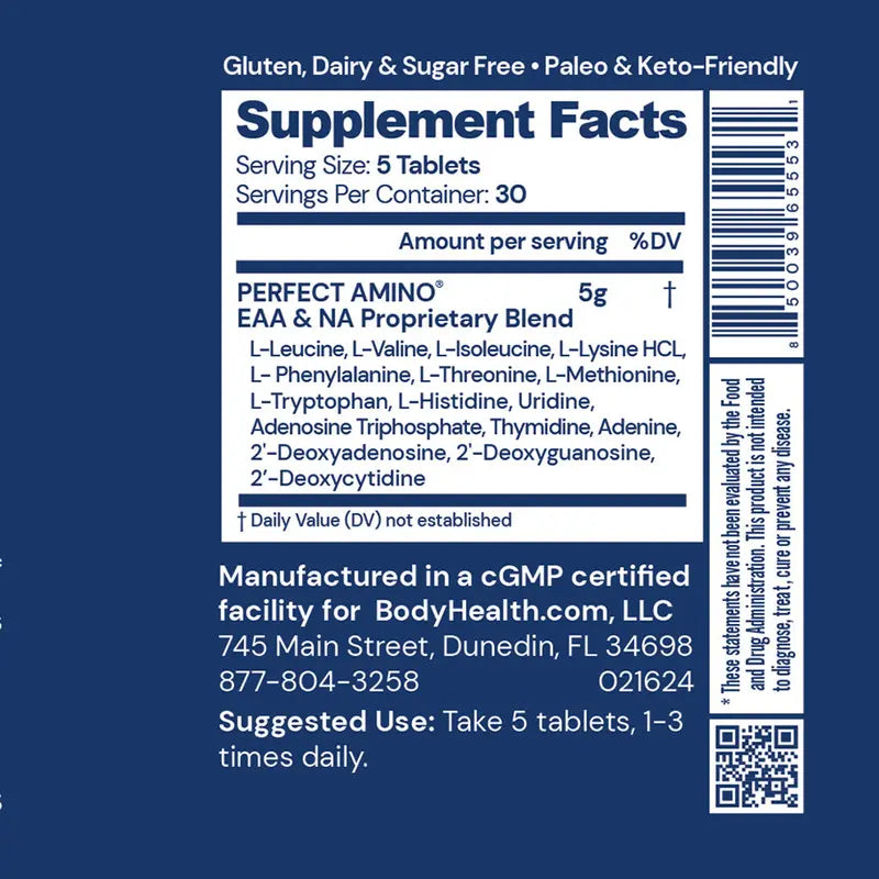 BodyHealth PerfectAmino (150 ct) Easy to Swallow Tablets, Essential Amino Acids Supplement with BCAAs, Vegan Protein for Pre/Post Workout & Muscle Recovery with Lysine, Tryptophan, Leucine, Methionine