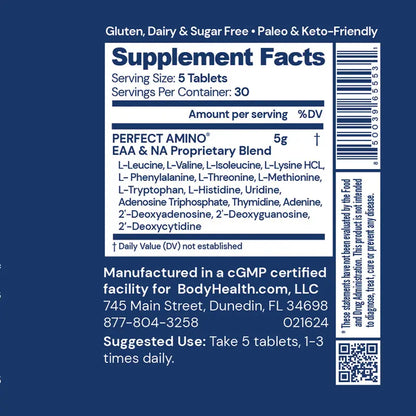 BodyHealth PerfectAmino (150 ct) Easy to Swallow Tablets, Essential Amino Acids Supplement with BCAAs, Vegan Protein for Pre/Post Workout & Muscle Recovery with Lysine, Tryptophan, Leucine, Methionine