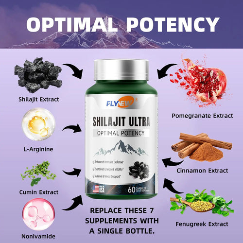 FLYNEW Optimal Potency | Shilajit Ultra | Adaptogen Energy Stamina Immune Antioxidants | Made in USA | 60 Capsules