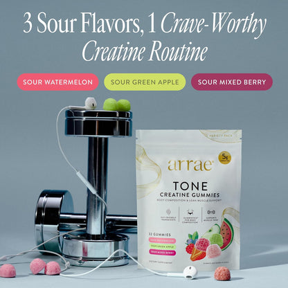 arrae Tone Variety Creatine Gummies | Assorted Sour Flavors (Watermelon, Green Apple, Mixed Berry)| Gut-Friendly Formula for Energy, Cognitive Health, Post-Workout Recovery