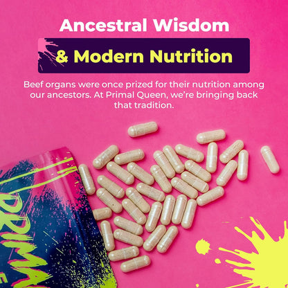 Primal Queen Female-Optimized Beef Organ Superfood Supplement - 100% Grass Fed, Pasture Raised Cattle - Balance Hormones, Energy