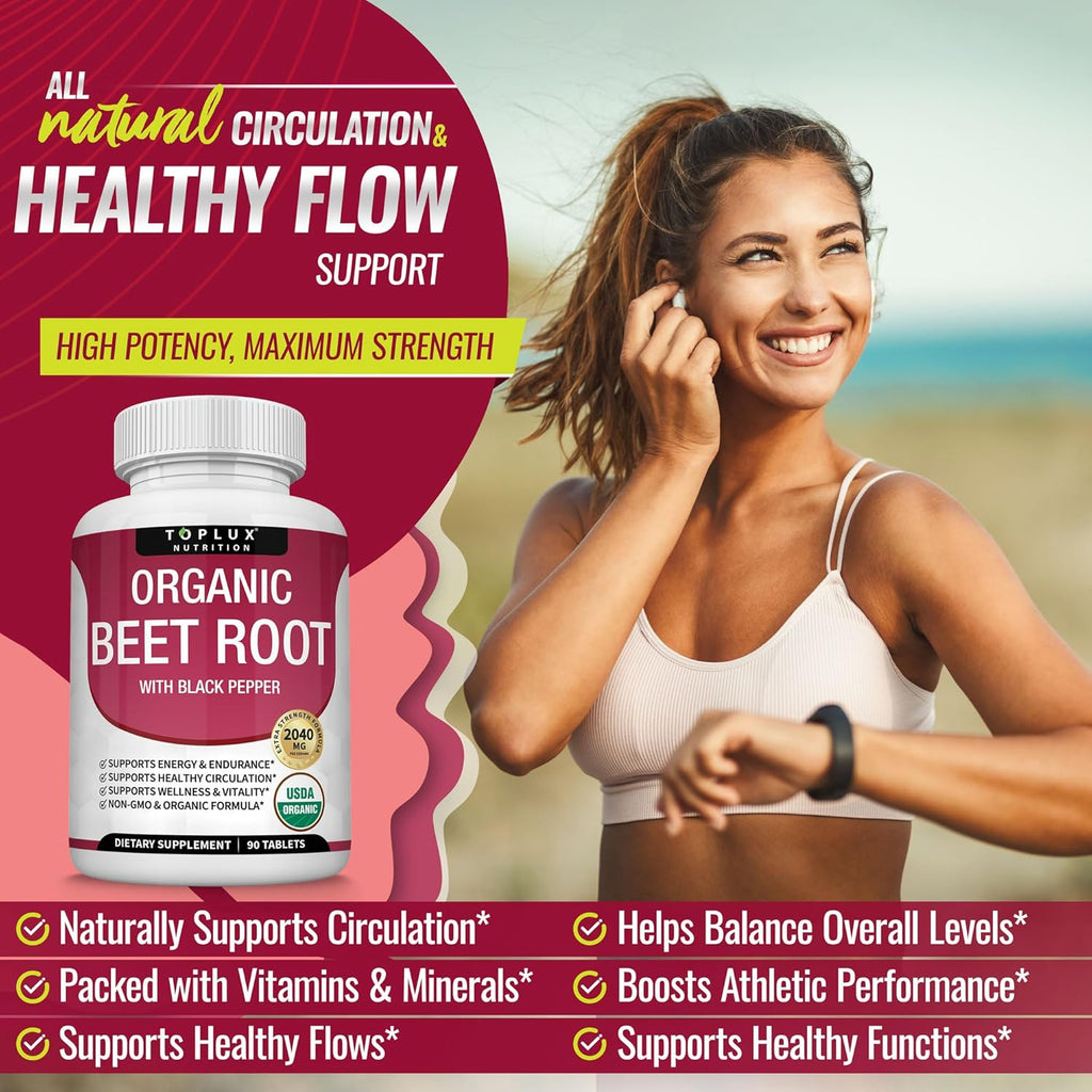 Toplux Organic Beet Root Powder Tablets - 2040mg Natural Nitric Oxide Beets to Support-Shop
