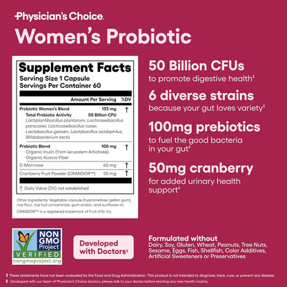PH Balance, Digestive, UT, & Feminine Health - 50 Billion CFU - 6 Unique Strains for Women - Organic Prebiotics, Cranberry Extract+ - Probiotic - 60 CT