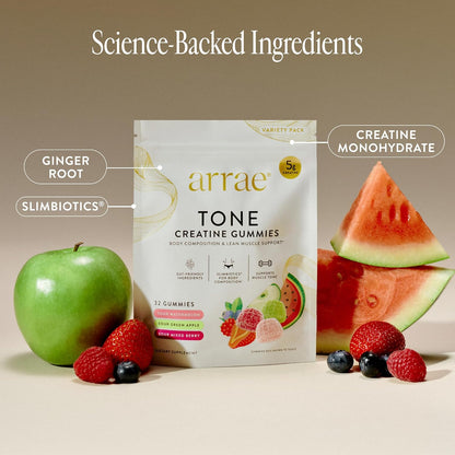 arrae Tone Variety Creatine Gummies | Assorted Sour Flavors (Watermelon, Green Apple, Mixed Berry)| Gut-Friendly Formula for Energy, Cognitive Health, Post-Workout Recovery