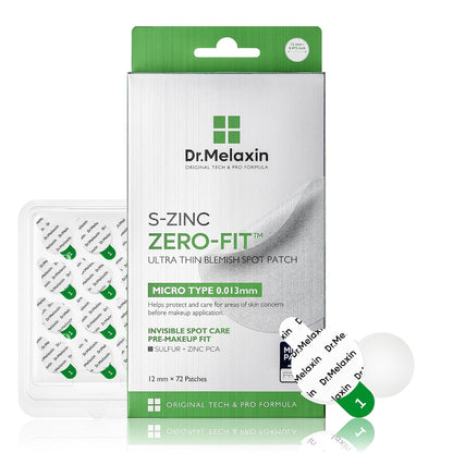 Dr.Melaxin S-ZINC ZERO-FIT Ultra Thin Blemish Spot Patch 0.013mm Invisible Pimple Stickers with Sulfur, Salicylic Acid, AHA & PHA, Seamless Under Makeup Face Cover, 12mm x 72 Patches