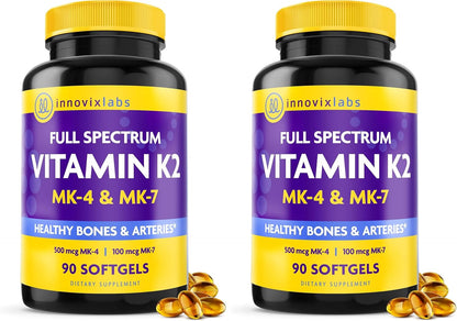 InnovixLabs Full Spectrum Vitamin K2-90 Softgels with 600 mcg of Trans Form MK7 and MK4 - Supports General Health and Bone Strength - Soy and Gluten Free K2 Vitamin Supplement