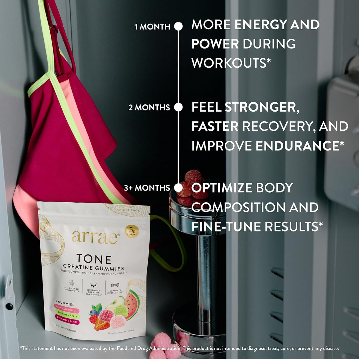 arrae Tone Variety Creatine Gummies | Assorted Sour Flavors (Watermelon, Green Apple, Mixed Berry)| Gut-Friendly Formula for Energy, Cognitive Health, Post-Workout Recovery
