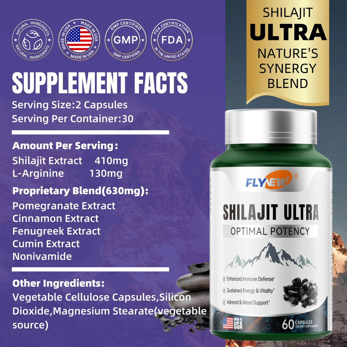 FLYNEW Optimal Potency | Shilajit Ultra | Adaptogen Energy Stamina Immune Antioxidants | Made in USA | 60 Capsules