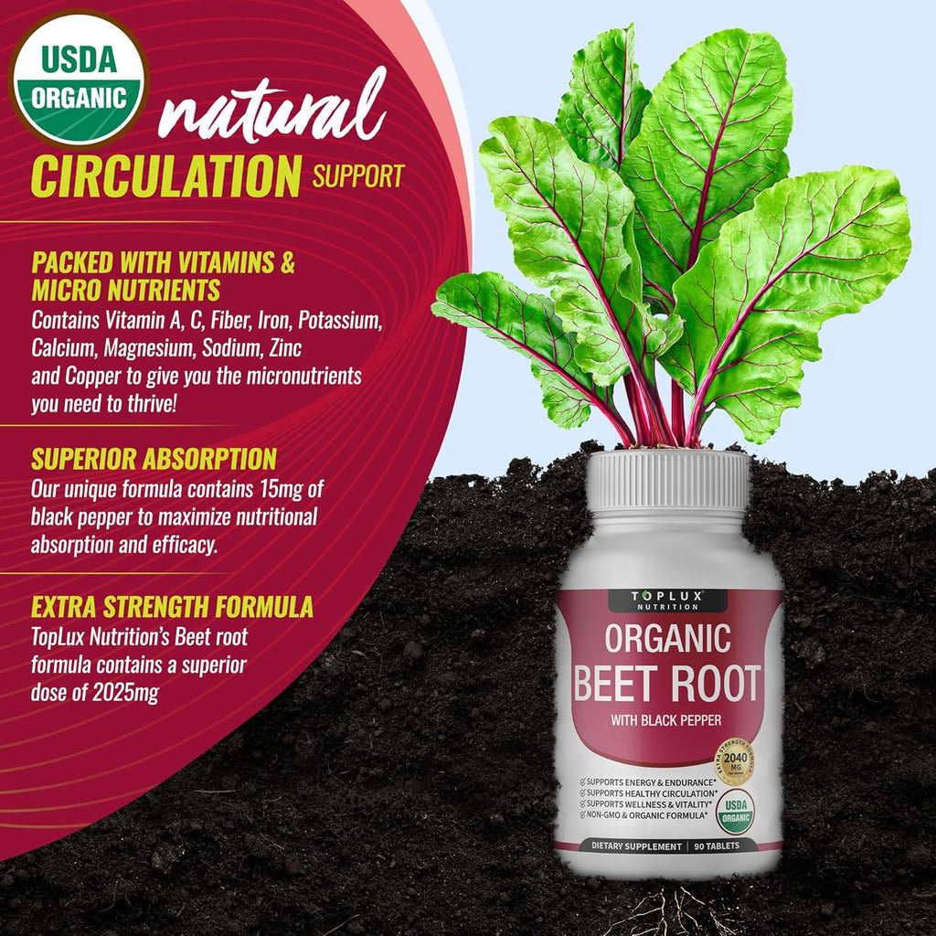 Toplux Organic Beet Root Powder Tablets - 2040mg Natural Nitric Oxide Beets to Support-Shop