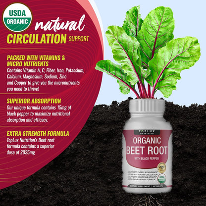 Toplux Organic Beet Root Powder Tablets - 2040mg Natural Nitric Oxide Beets to Support