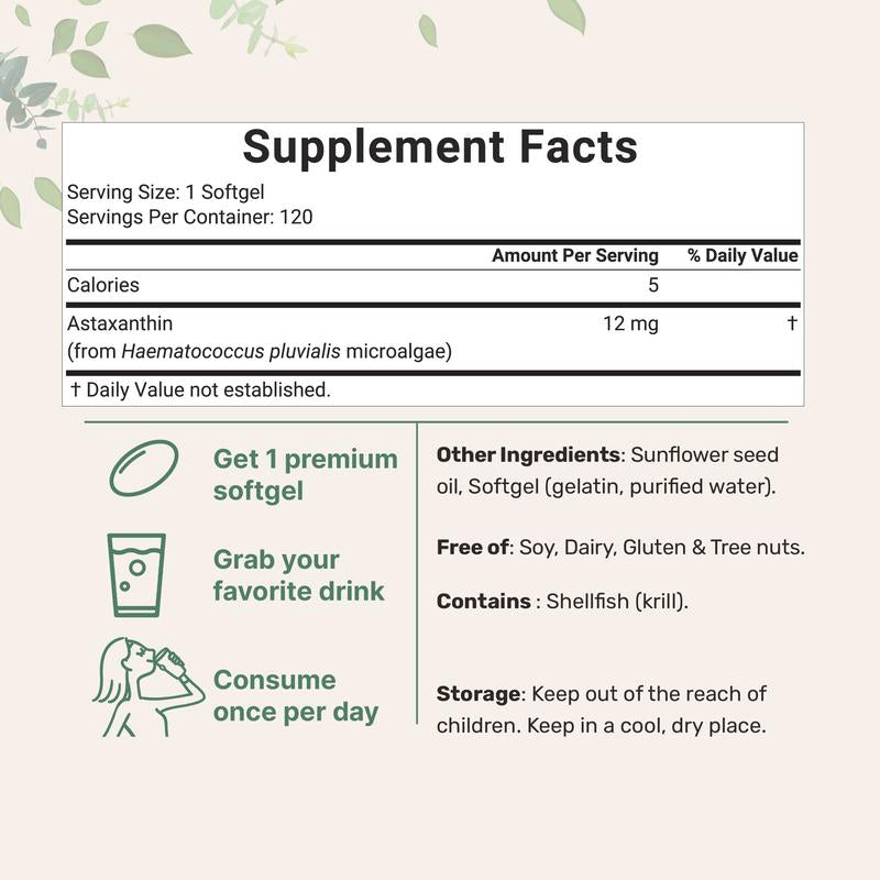 PureNutra Microalgae Astaxanthin 12mg – Antioxidant Softgels for Skin & Wellness, 120 Ct (4-Month Supply)