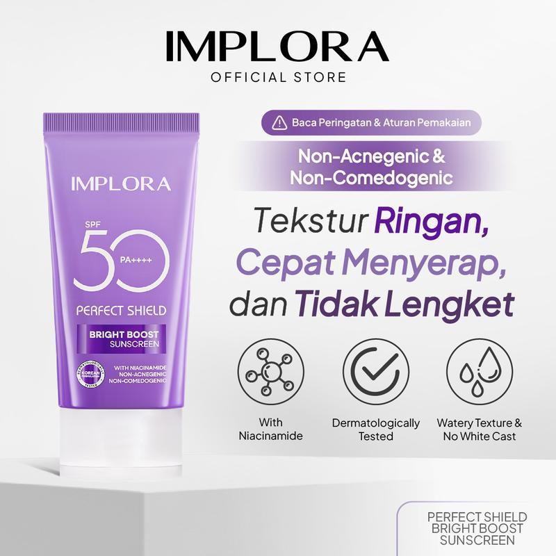 Implora Perfect Shield Bright Boost Sunscreen SPF 50 PA++++ | Sunblock Wajah dengan Niacinamide | Sunscreen Mencerahkan