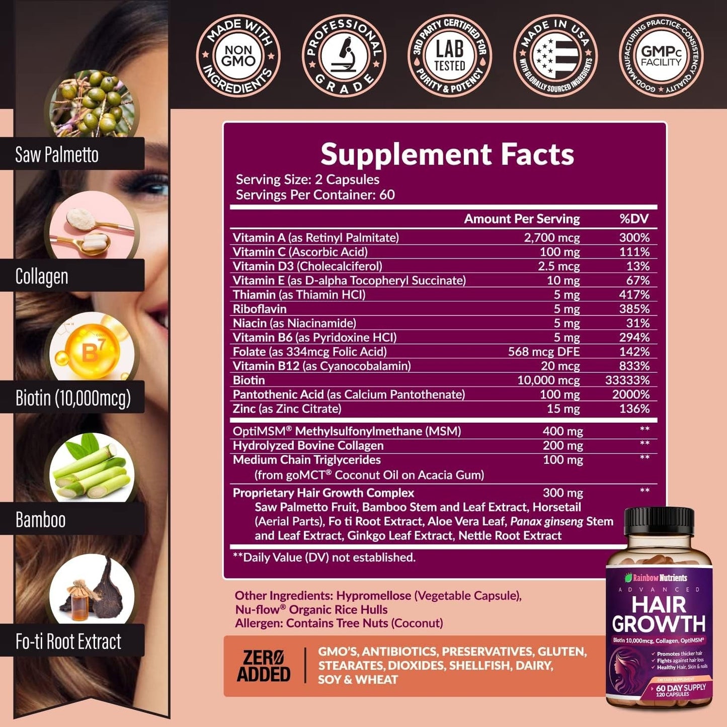 Rainbow Nutrients Hair Growth Formula Collagen & Biotin Complex for Healthy Hair, Skin & Nails from Within
